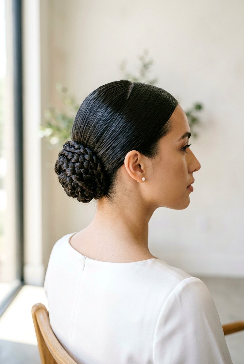 Sleek Braided Updo For Straight Hair - 20 bridal hairstyle for straight sleek look - 20 bridal hairstyle for straight sleek look