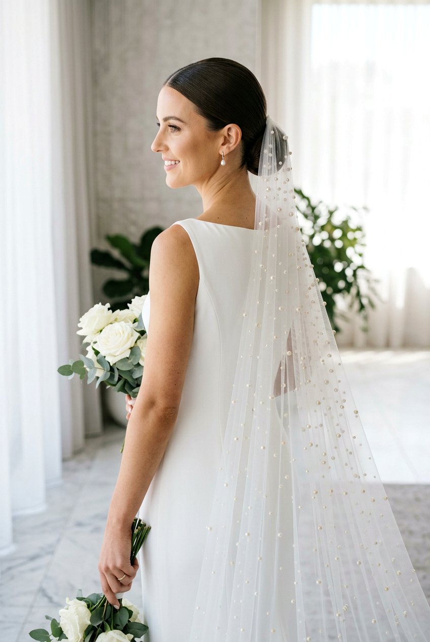 Sleek Bridal Low Bun With Pearl Veil - 20 bridal low bun with pearl veil - 20 bridal low bun with pearl veil