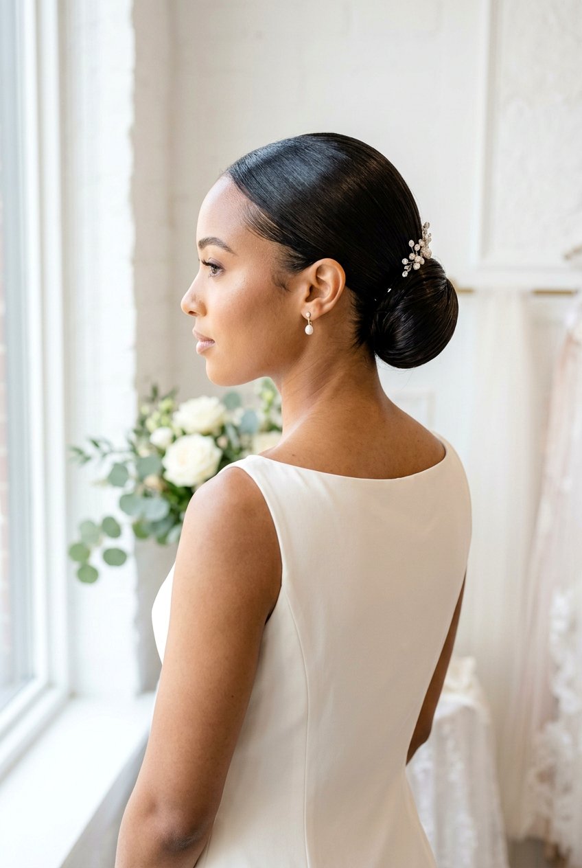 Sleek Bridal Low Bun - 20 black women bridal hairstyle ideas - 20 black women bridal hairstyle ideas