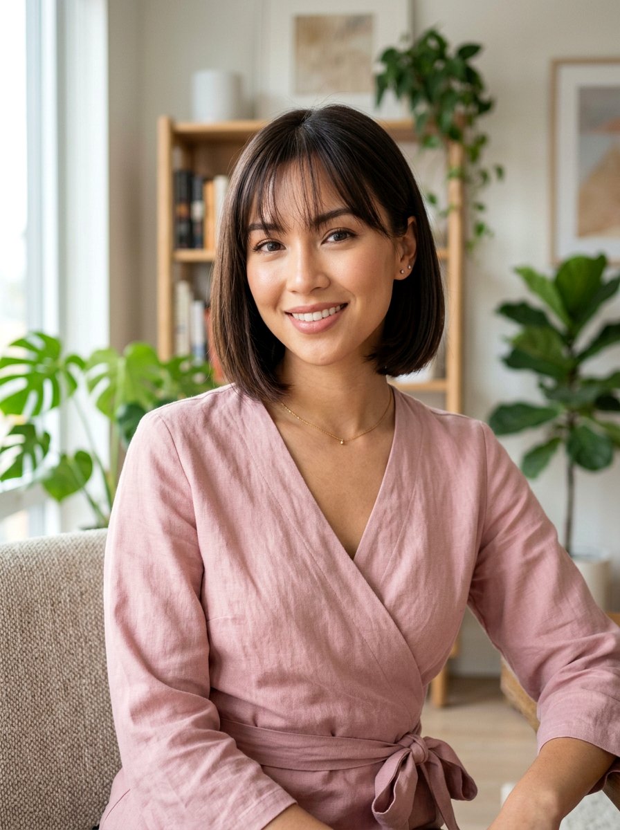 Sleek Brunette Bob With See Through Bangs - 20 sleek straight bob with bangs - 20 sleek straight bob with bangs
