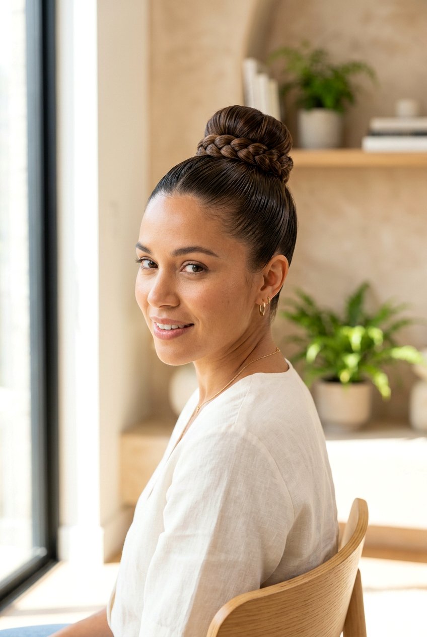 Sleek Bun With Braided Base - 20 sleek work bun hairstyles - 20 sleek work bun hairstyles