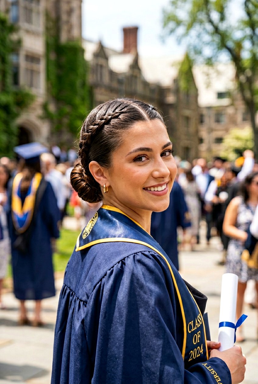 Sleek Bun With Center Braid - 20 graduation hairstyle with sleek bun - 20 graduation hairstyle with sleek bun