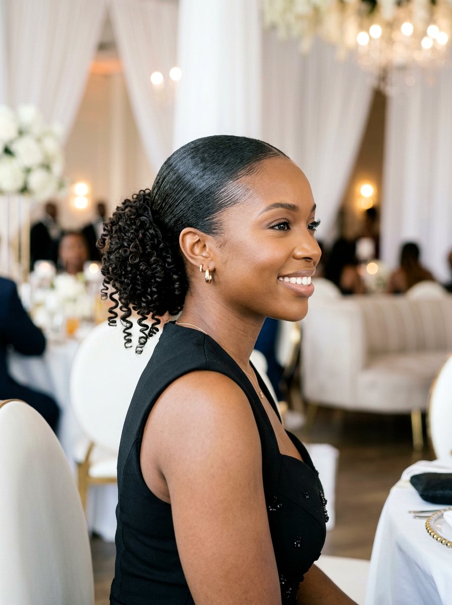 Sleek Bun With Curly Ends - 20 sleek hairstyle for wedding guest - 20 sleek hairstyle for wedding guest