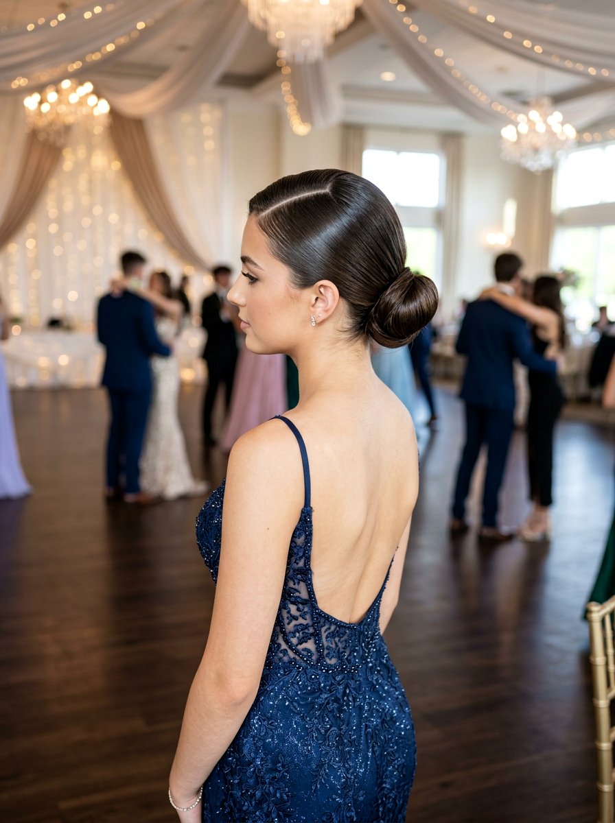 Sleek Bun With Curved Parting - 20 teen girls prom hairstyle with sleek bun - 20 teen girls prom hairstyle with sleek bun