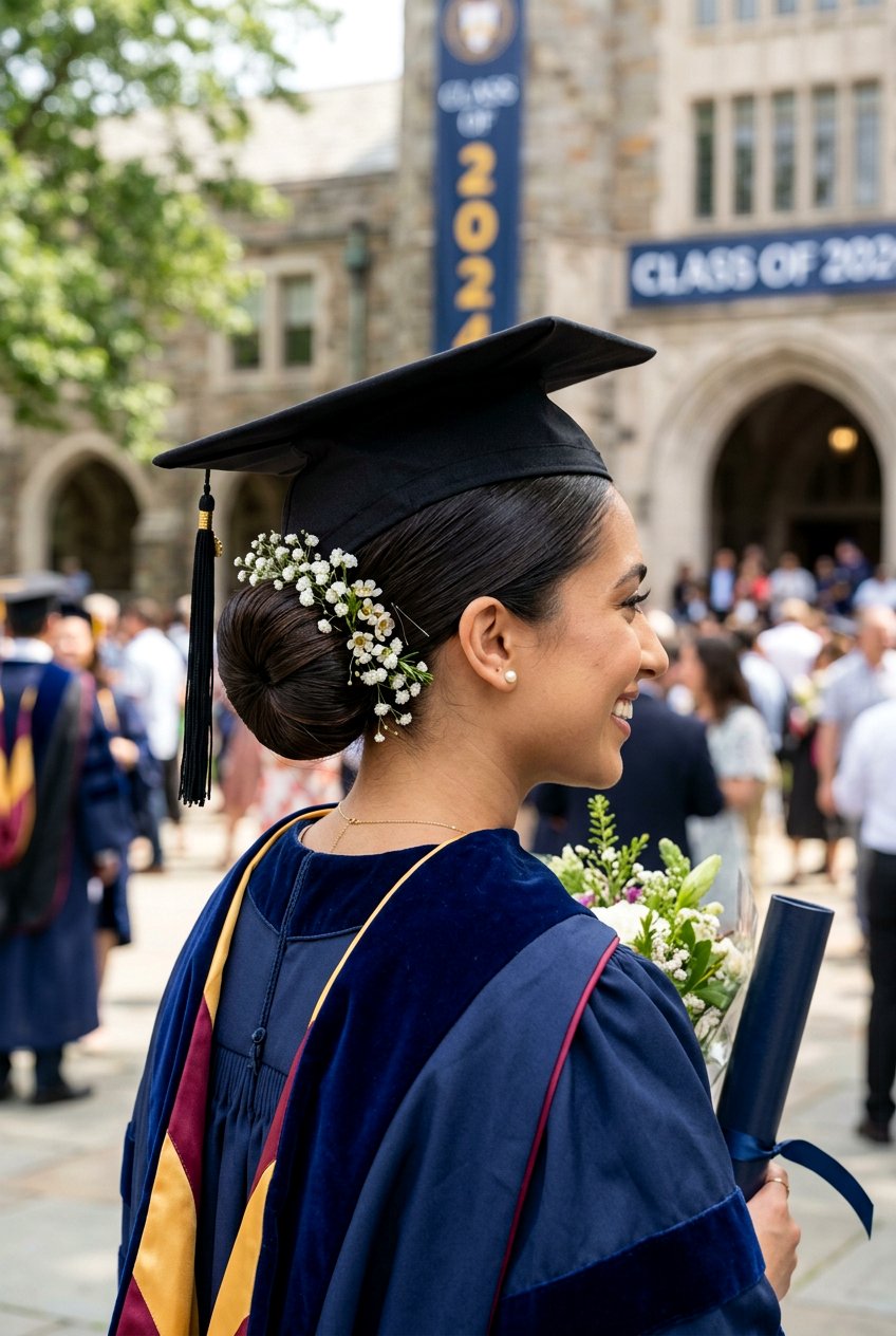 20 Stunning Graduation Hairstyle With Sleek Bun For Grads