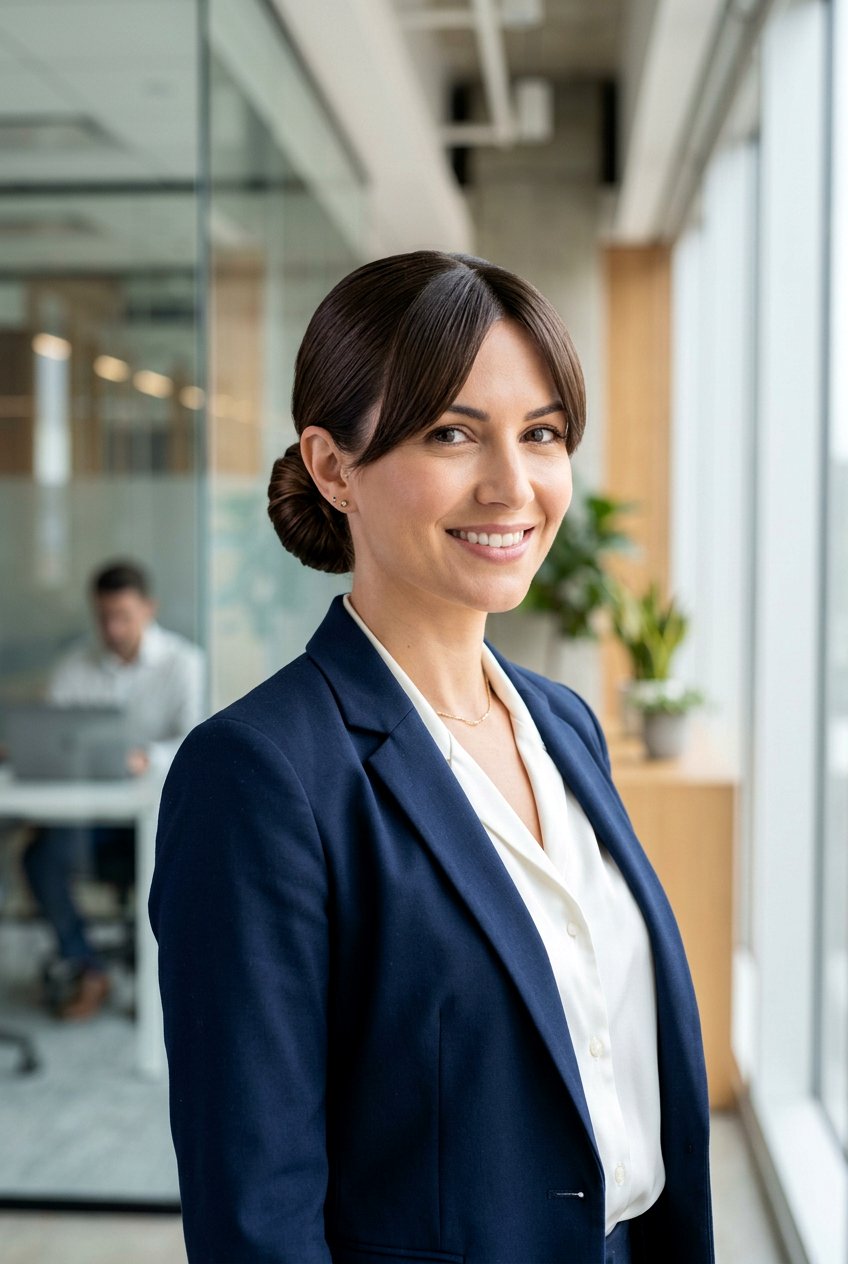 Sleek Bun With Middle Part And Bangs - 20 business bun hairstyle - 20 business bun hairstyle