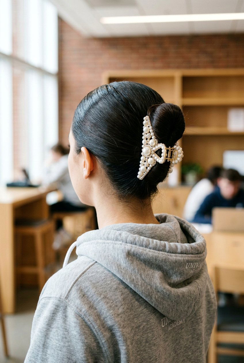 Sleek Bun With Pearl Claw Clip - 20 school hairstyle with pearl clips - 20 school hairstyle with pearl clips