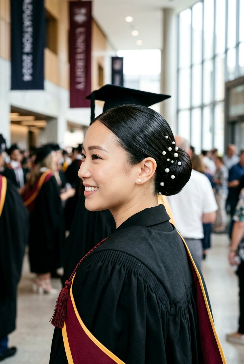 Sleek Bun With Pearl Pins - 20 graduation hairstyle with sleek bun - 20 graduation hairstyle with sleek bun