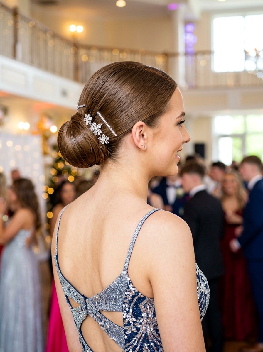 Sleek Bun With Rhinestone Pins - 20 teen girls prom hairstyle with sleek bun - 20 teen girls prom hairstyle with sleek bun