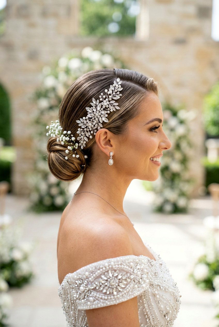 Sleek Bun With Side Part And Hair Accessories - 20 bridal sleek bun with side part - 20 bridal sleek bun with side part