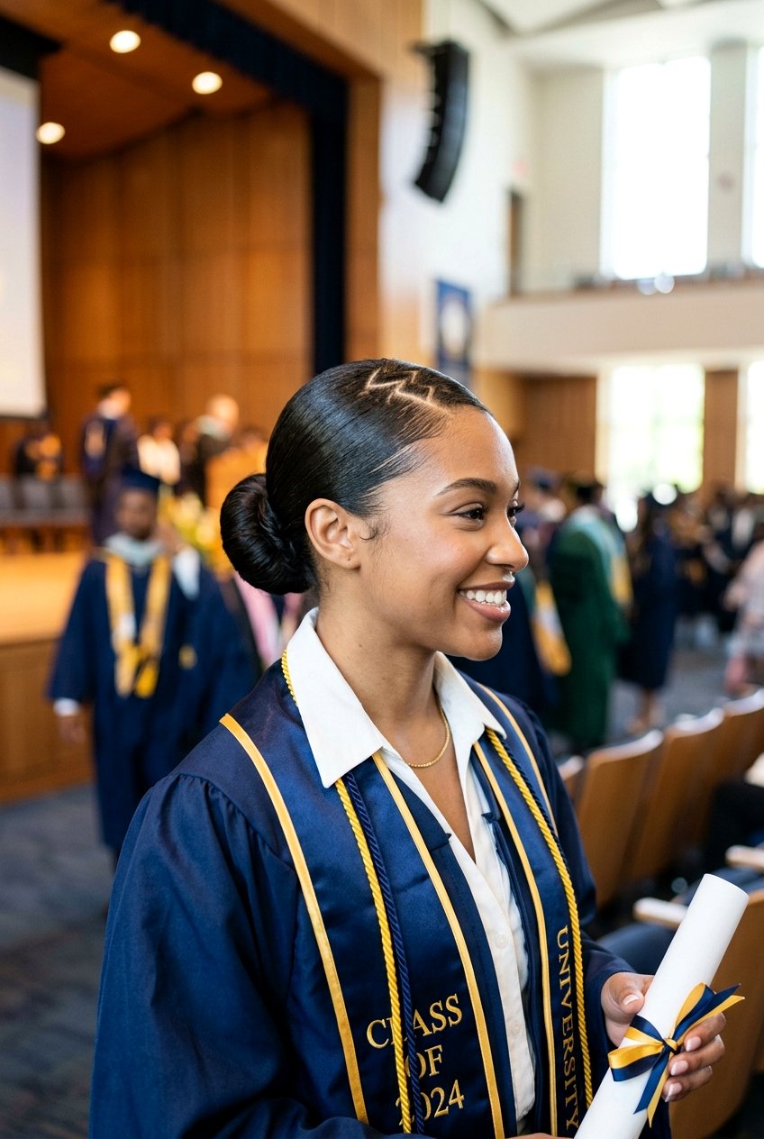 Sleek Bun With Zig Zag Part - 20 graduation hairstyle with sleek bun - 20 graduation hairstyle with sleek bun