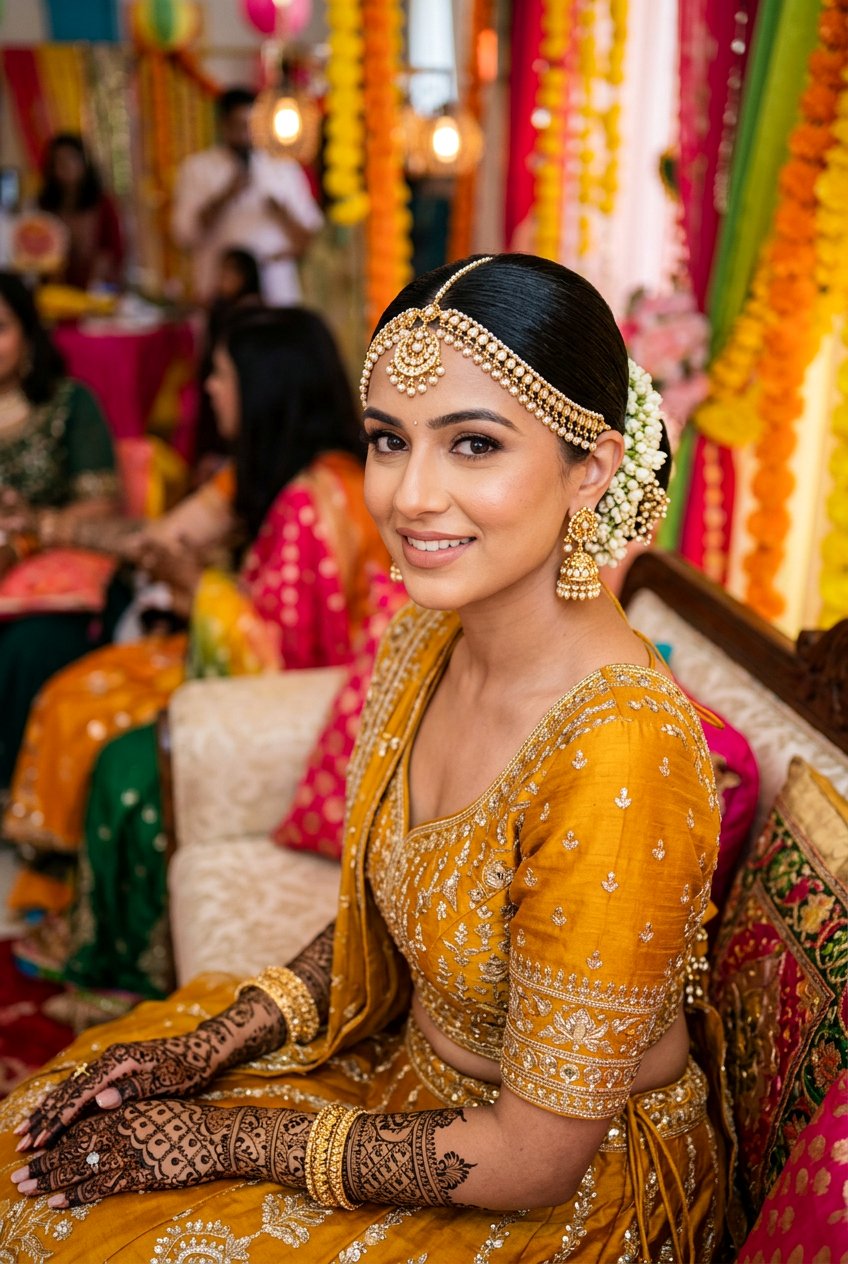 Sleek Bun with Hair Chain Mehndi Hairstyle - 20 mehndi hairstyles - 20 mehndi hairstyles