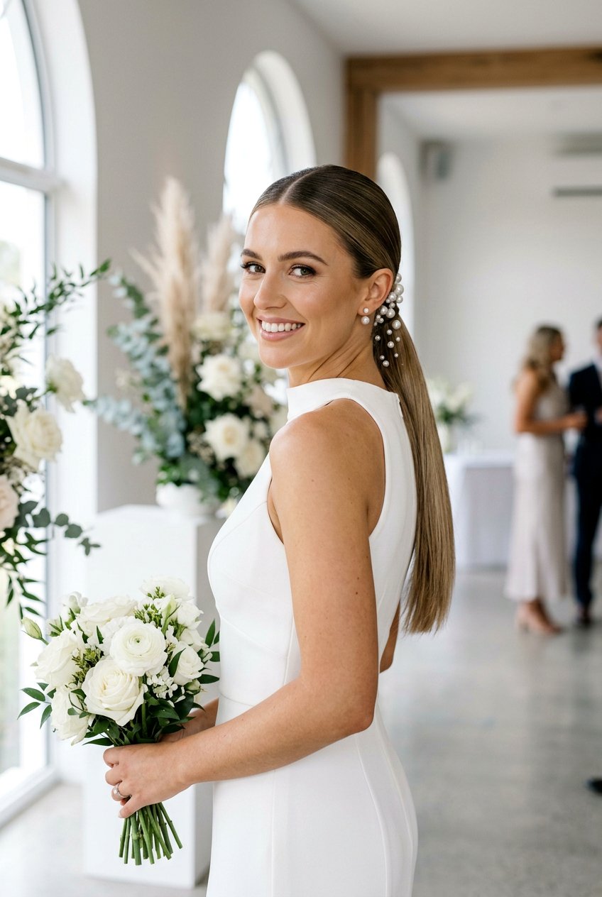Sleek Center Part Bridal Ponytail - 20 bridal ponytail with pearl pins - 20 bridal ponytail with pearl pins