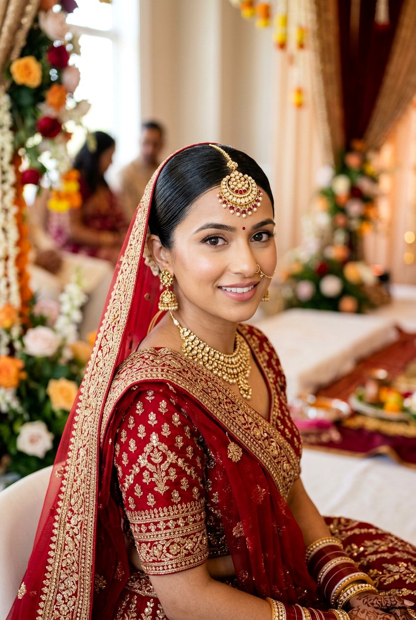 Sleek Center Part Bun With Maang Tikka And Dupatta - 20 bridal hairstyles with dupatta - 20 bridal hairstyles with dupatta