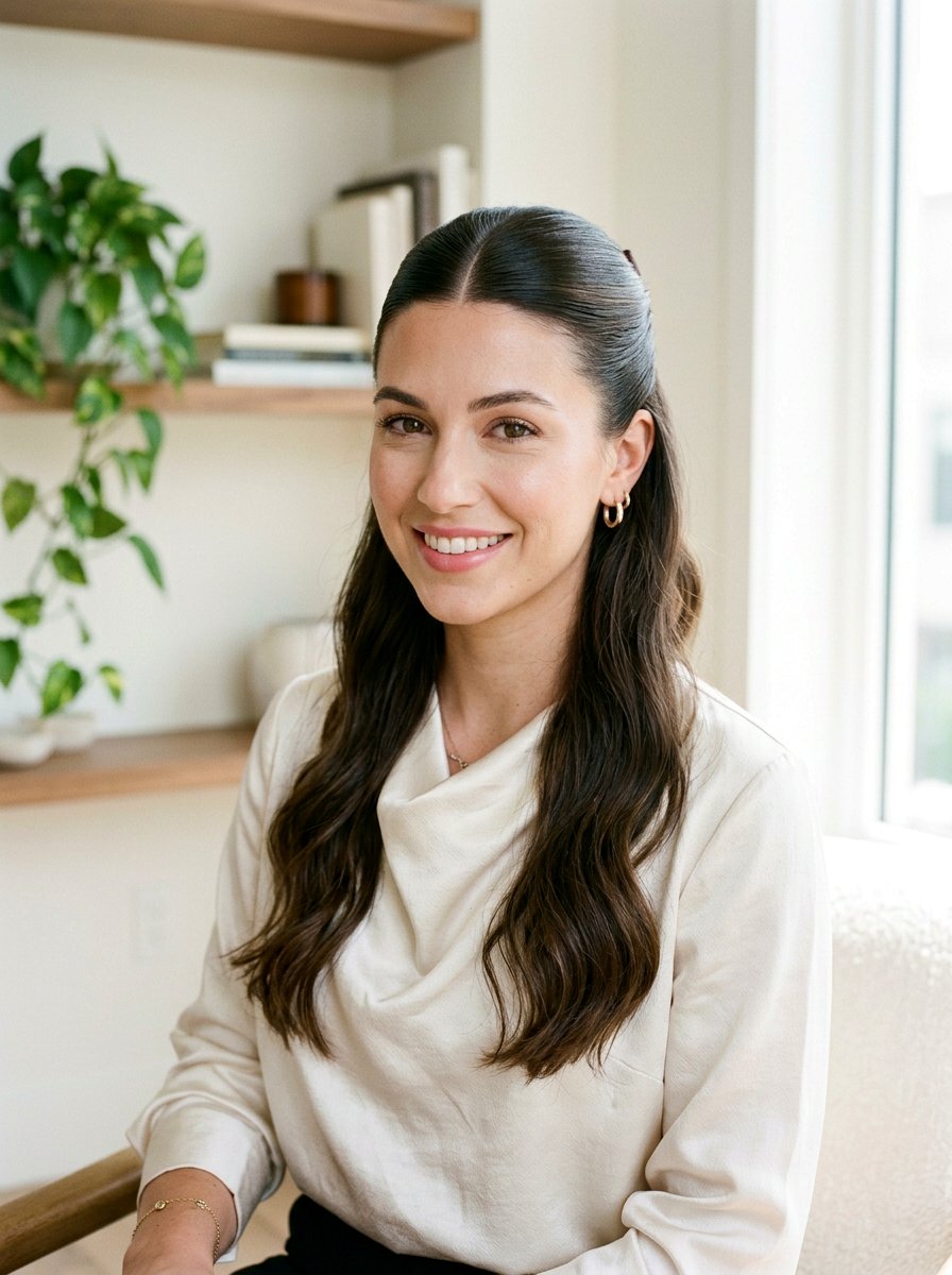 Sleek Center Part Half Up Half Down - 20 date night hairstyle with sleek center part - 20 date night hairstyle with sleek center part