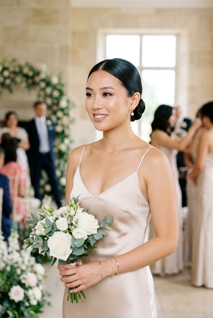 Sleek Center Part Low Bun For Bridesmaids - 20 bridesmaid low bun hairstyle - 20 bridesmaid low bun hairstyle