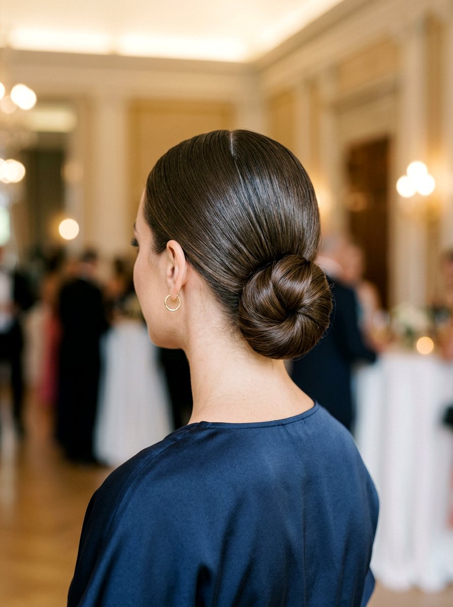 Sleek Center Part Low Bun - 20 date night hairstyle with sleek center part - 20 date night hairstyle with sleek center part