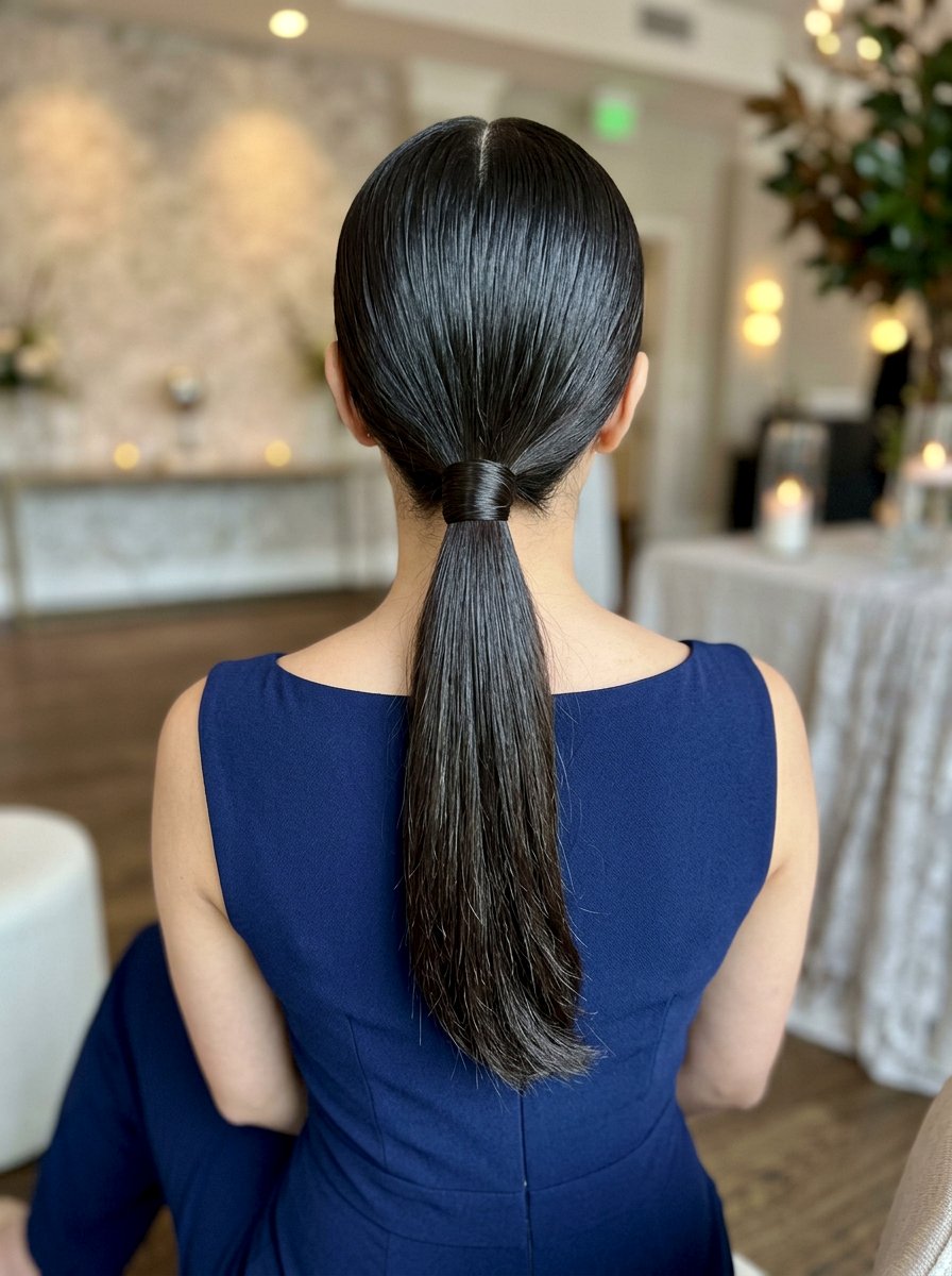 Sleek Center Part Low Ponytail With Wrapped Base - 20 date night hairstyle with sleek center part - 20 date night hairstyle with sleek center part