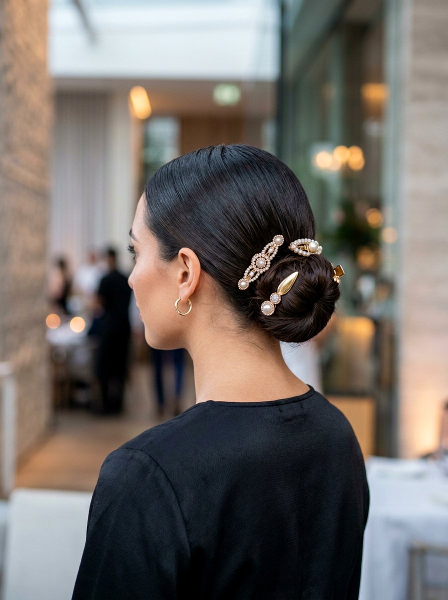Sleek Center Part WithAccessorized Bun - 20 date night hairstyle with sleek center part - 20 date night hairstyle with sleek center part
