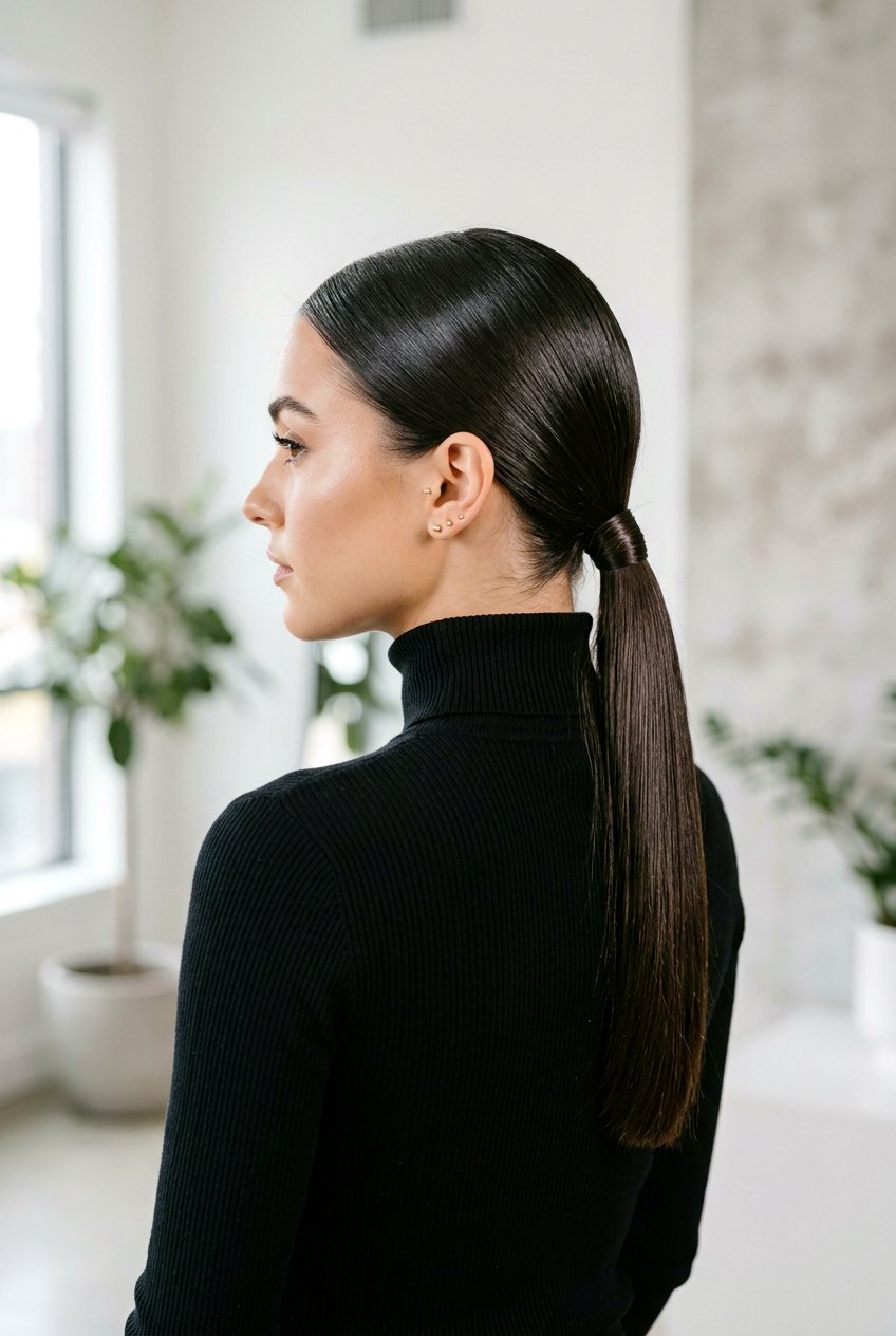 Sleek Center Parted Low Ponytail - 20 business casual ponytail hairstyle - 20 business casual ponytail hairstyle