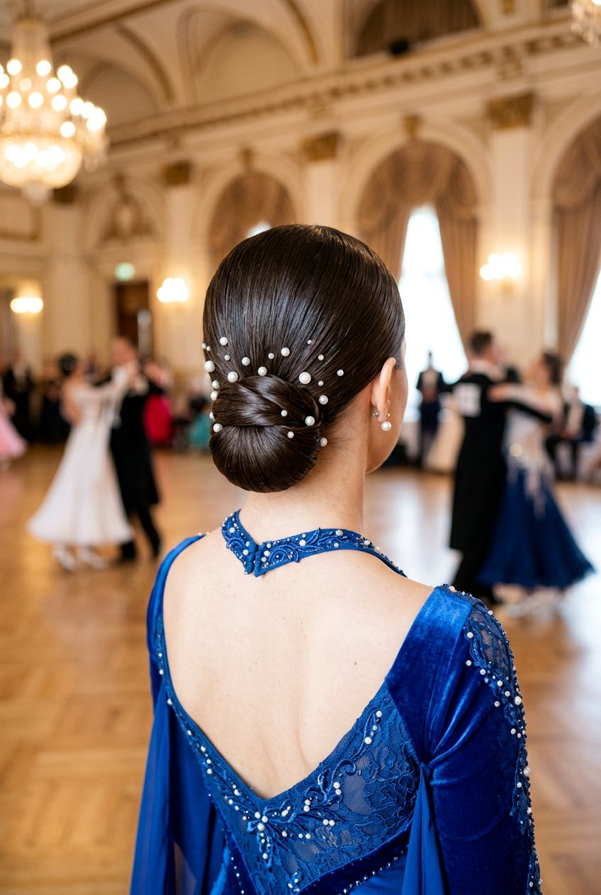 Sleek Chignon With Pearl Pins - 20 competition dance hairstyles - 20 competition dance hairstyles