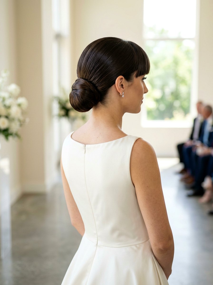 Sleek Chignon with Blunt Bangs - 20 wedding hairstyles for brides with bangs - 20 wedding hairstyles for brides with bangs