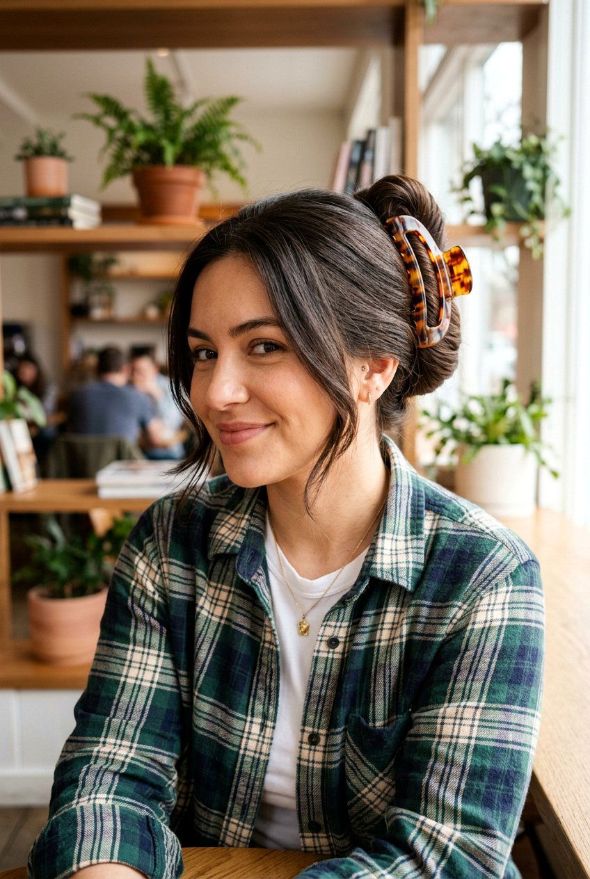 Sleek Claw Clip Updo - 20 school hairstyle for long thick hair - 20 school hairstyle for long thick hair