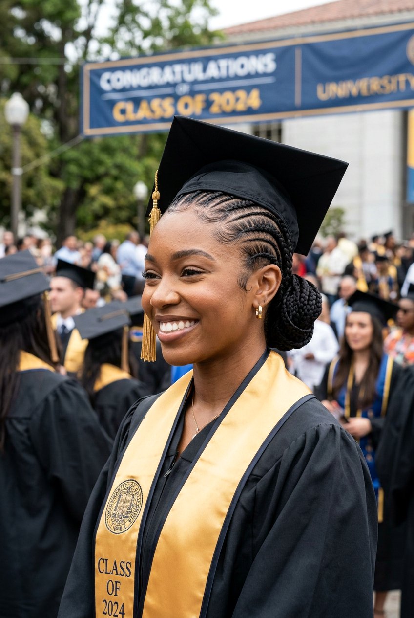 Sleek Cornrow Updo - 20 graduation cap hairstyles - 20 graduation cap hairstyles