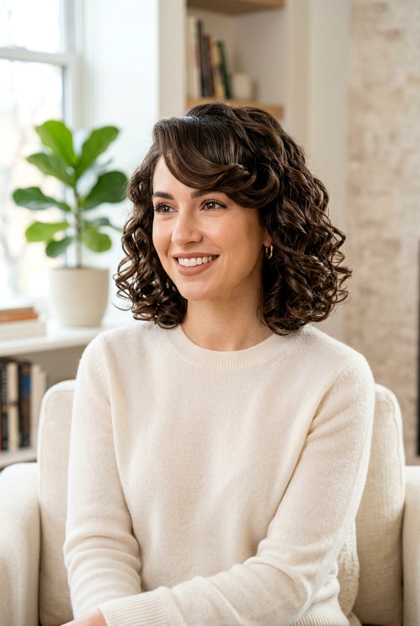 Sleek Curly Bob With Flipped Bangs - 20 mature curly bob with bangs - 20 mature curly bob with bangs
