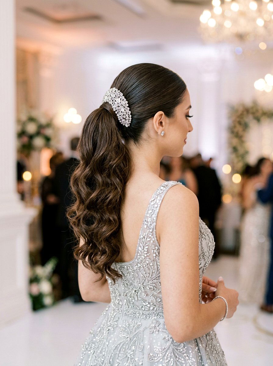 Sleek Curly Ponytail With Hair Accessory Detail - 20 sleek prom ponytail with curls - 20 sleek prom ponytail with curls