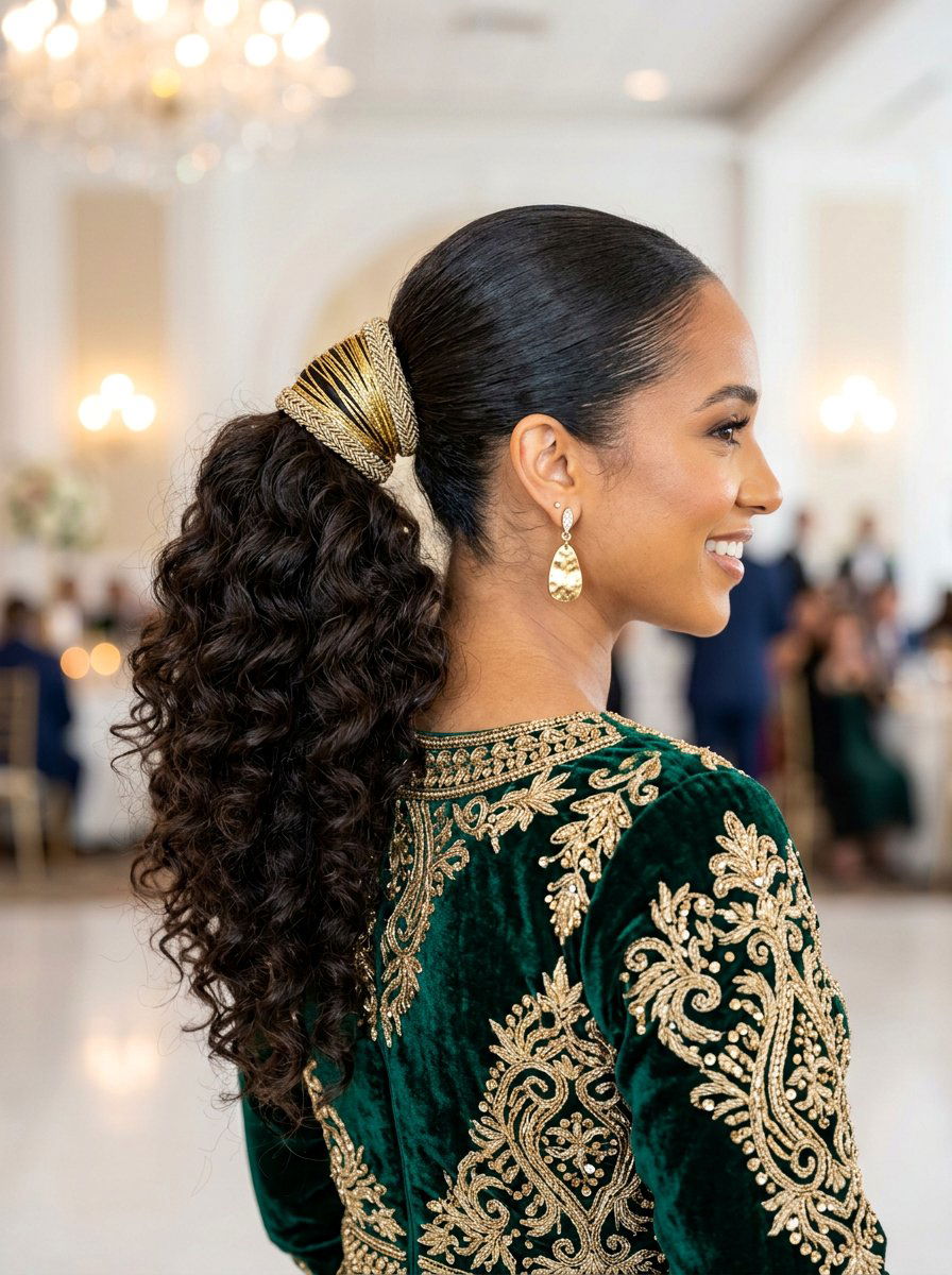 Sleek Curly Ponytail With Metallic Thread Wrap - 20 sleek prom ponytail with curls - 20 sleek prom ponytail with curls