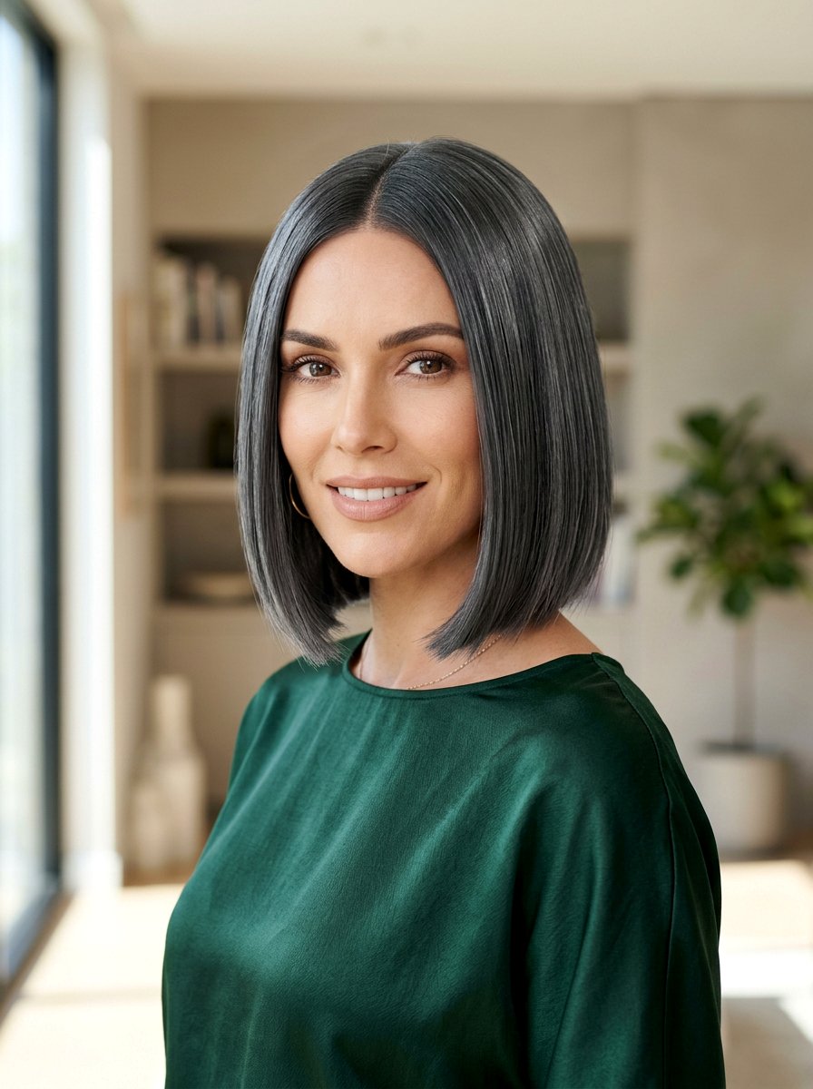 Sleek Deep Gray Bob - 20 polished gray bob hair color - 20 polished gray bob hair color