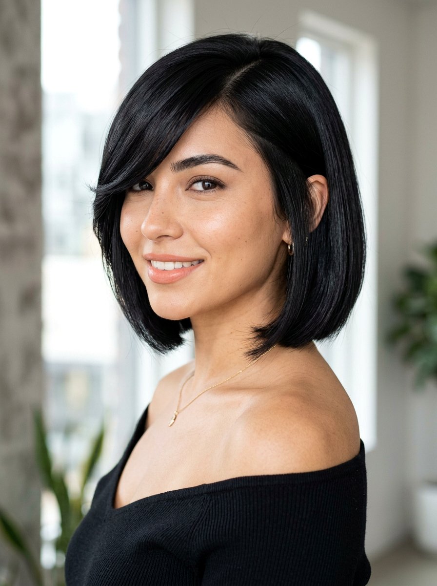 Sleek Deep Side Part Bob With Swept Bangs - 20 sleek straight bob with bangs - 20 sleek straight bob with bangs