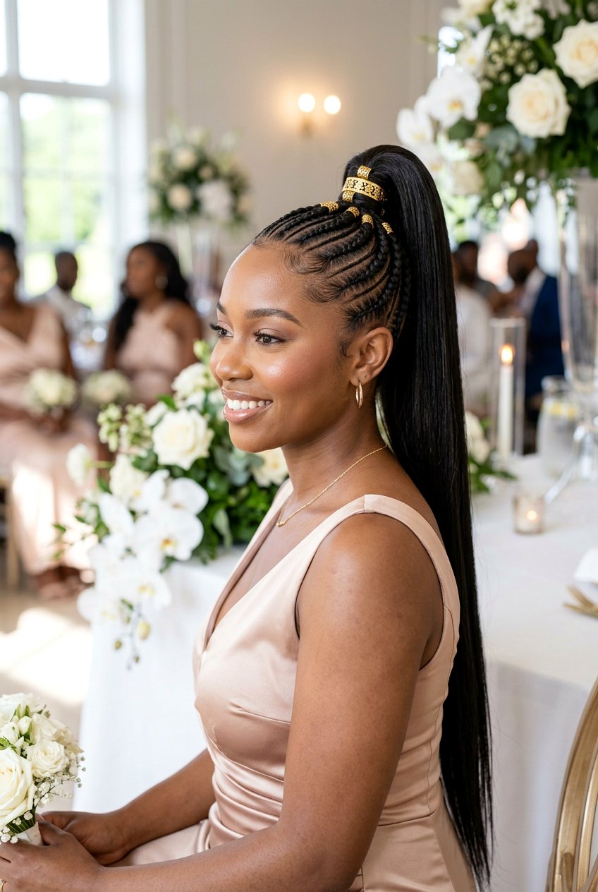 Sleek Feed In Cornrow High Ponytail - 20 bridesmaid braid ponytail for black women - 20 bridesmaid braid ponytail for black women