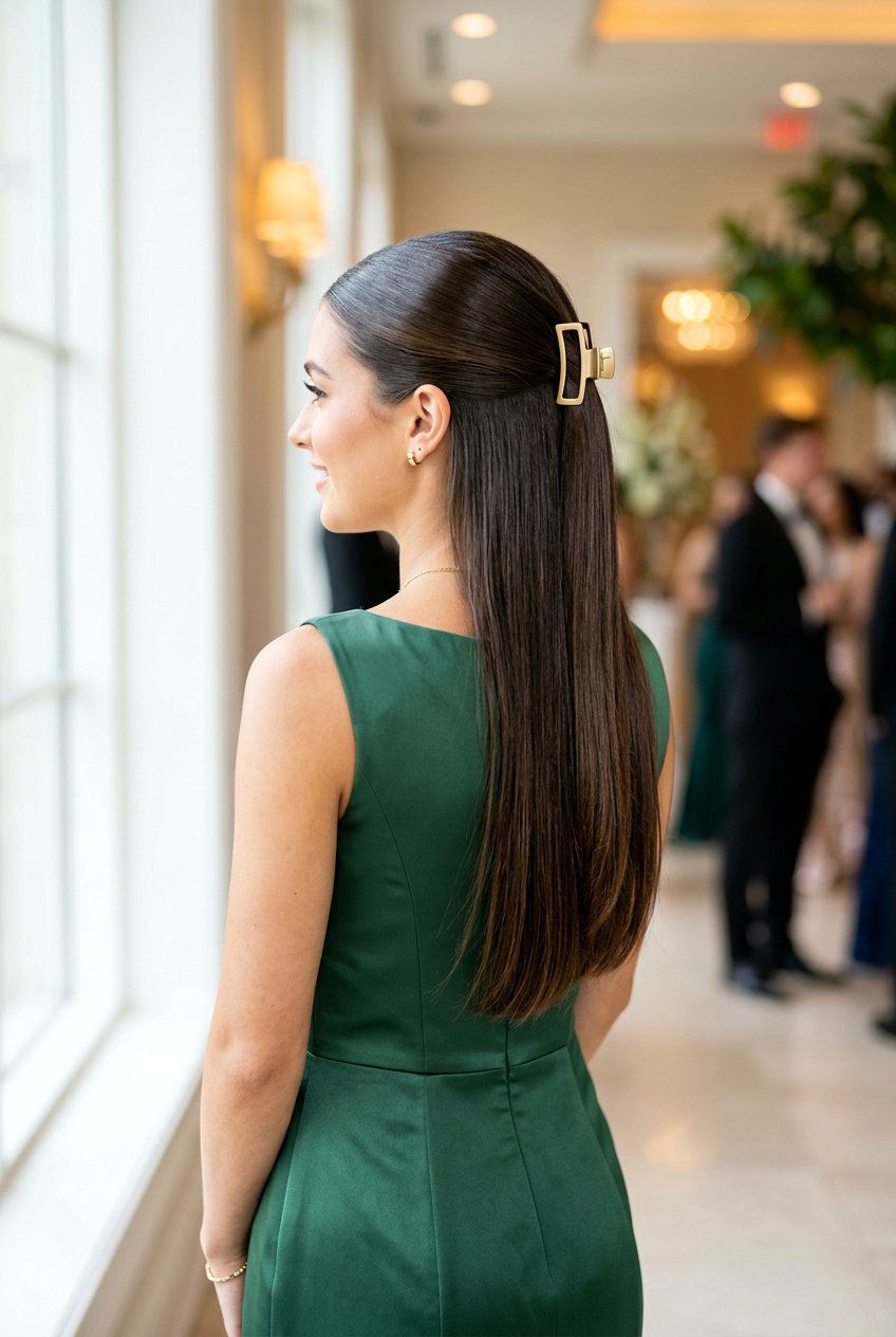 Sleek Half Up Claw Clip Prom Hair - 20 prom hairstyles with claw clip - 20 prom hairstyles with claw clip