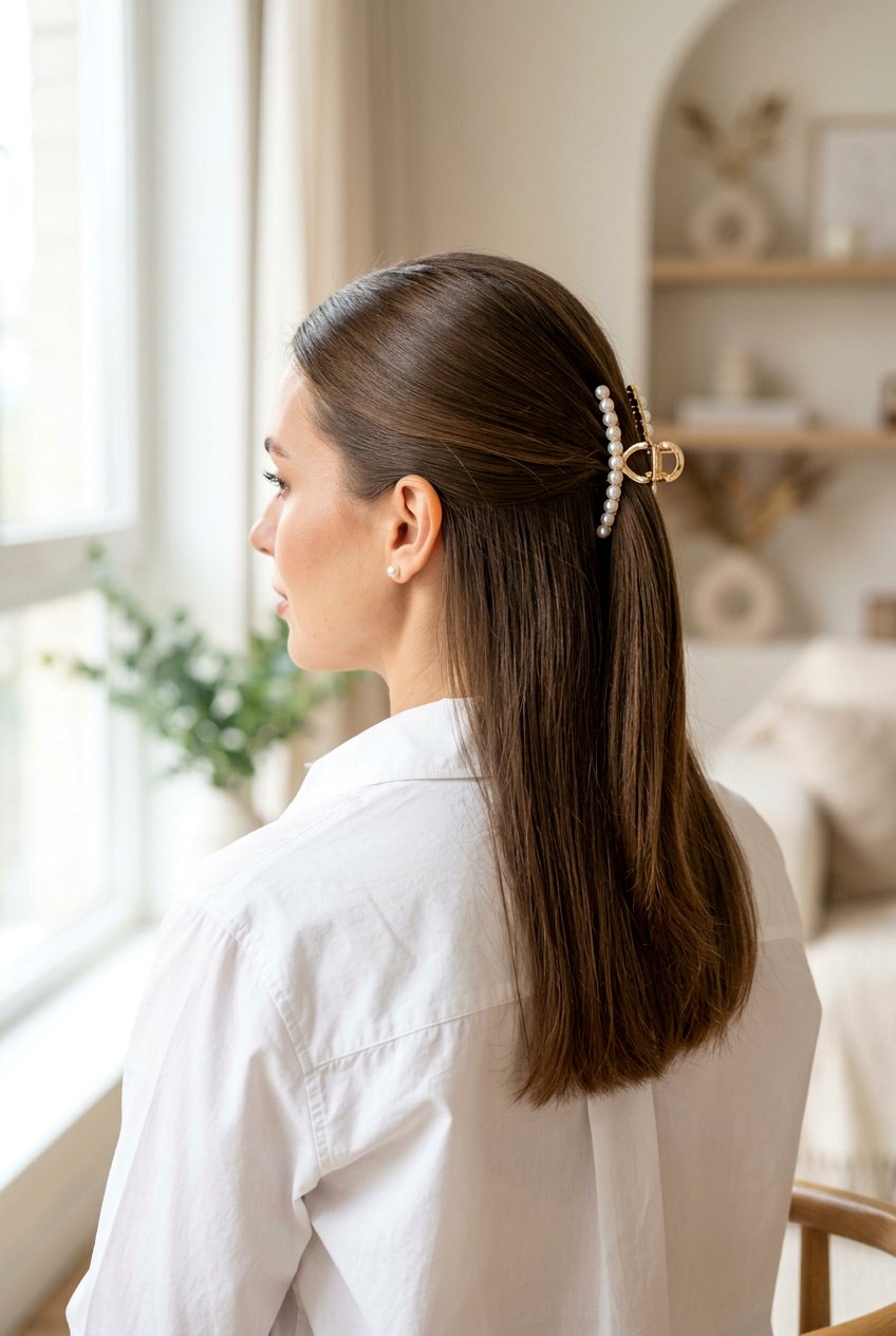 Sleek Half Up Claw Clip - 20 easy claw clip hairstyles for short hair - 20 easy claw clip hairstyles for short hair