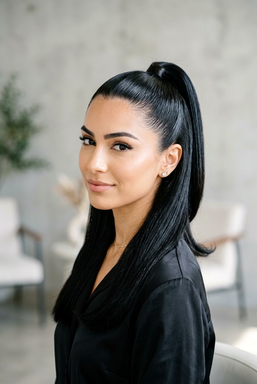 Sleek Half Up Ponytail - 20 half up half down prom hairstyles - 20 half up half down prom hairstyles