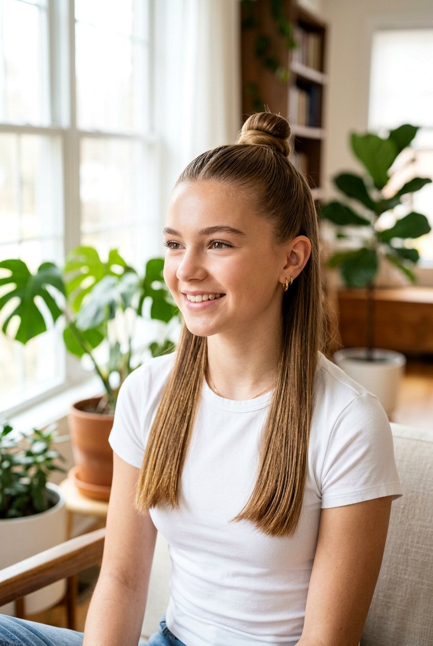 Sleek Half Up Top Knot For Teens - 20 half up bun hairstyles for teens - 20 half up bun hairstyles for teens