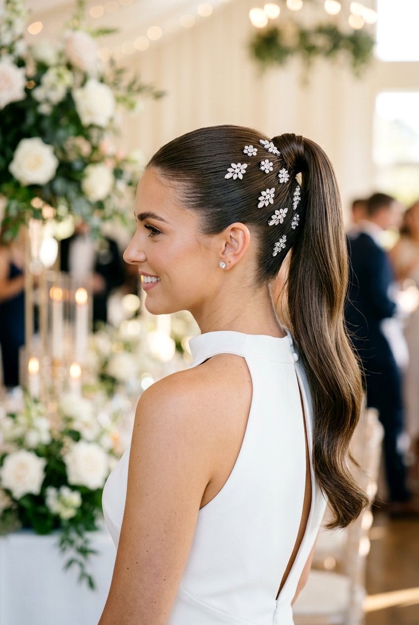 Sleek High Bridal Ponytail With Crystal Pins - 20 bridal ponytail with crystal pins - 20 bridal ponytail with crystal pins