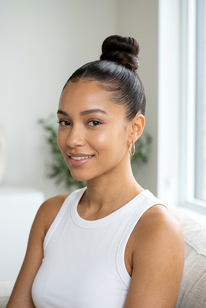 Sleek High Bun - 20 clean girl hairstyles - 20 clean girl hairstyles