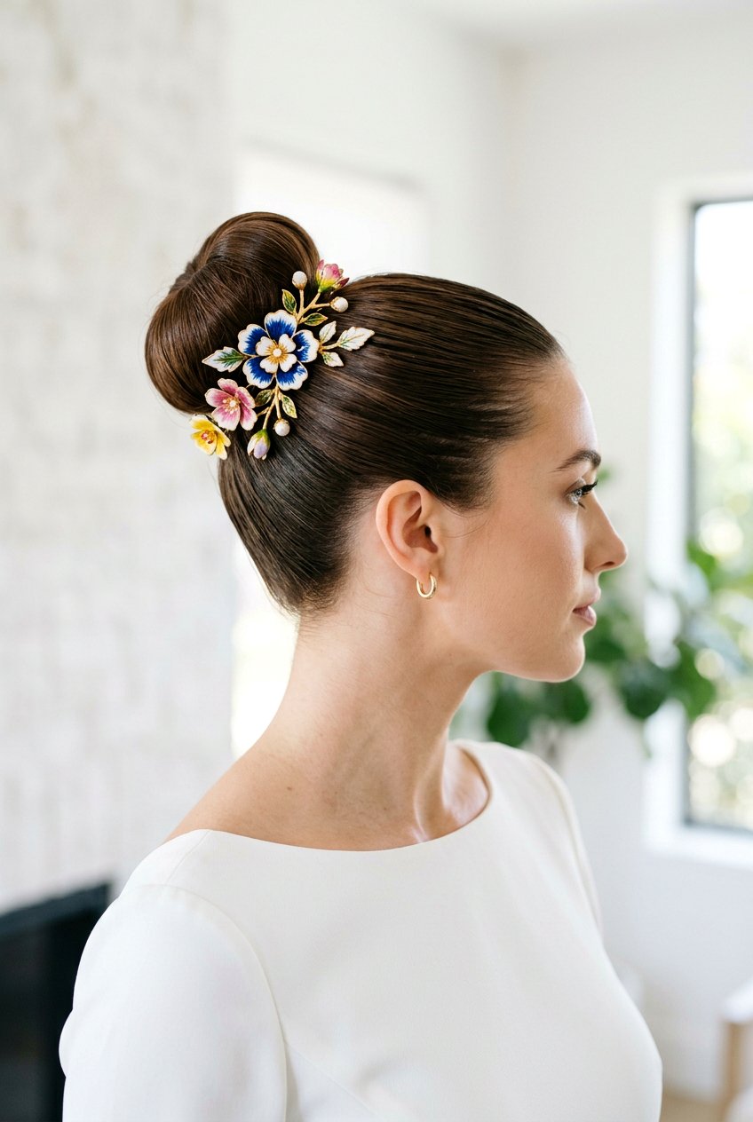 Sleek High Bun With Enamel Flower Pins - 20 bridal hairstyle with floral pins - 20 bridal hairstyle with floral pins
