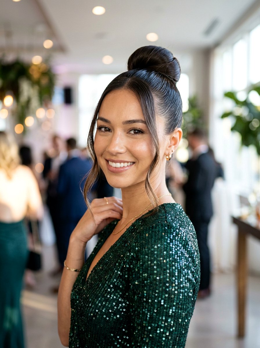 Sleek High Bun With Face Framing Pieces - 20 sleek hairstyle for birthday party - 20 sleek hairstyle for birthday party