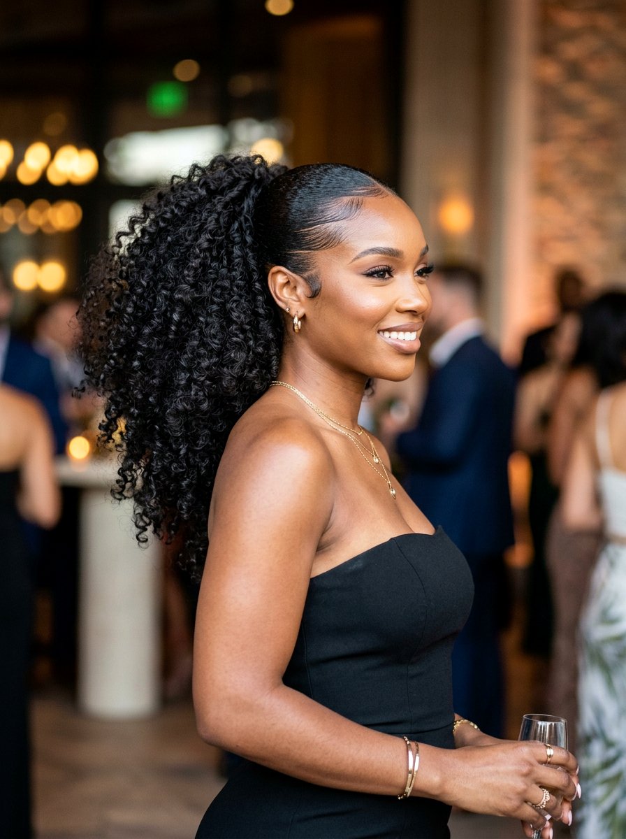 Sleek High Curly Ponytail - 20 date night hairstyle for curly hair women - 20 date night hairstyle for curly hair women