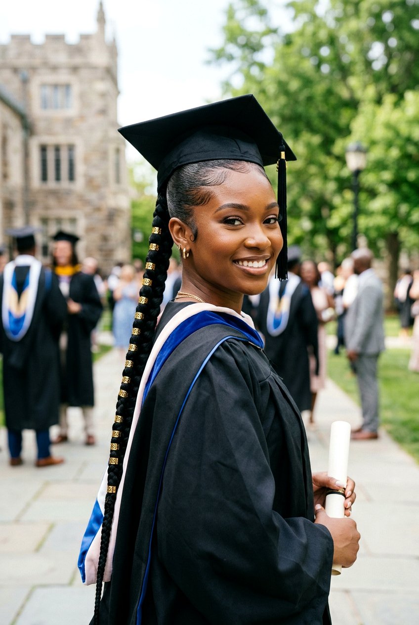 Sleek High Knotless Braid Ponytail with Gold Cuffs - 20 graduation braid ponytail for black girls - 20 graduation braid ponytail for black girls