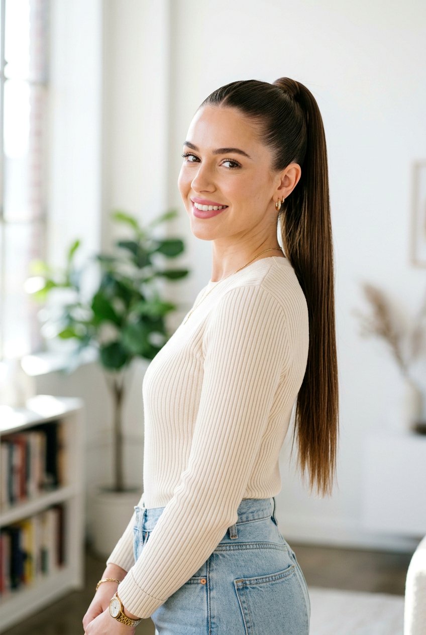 Sleek High Ponytail - 20 five minute hairstyles - 20 five minute hairstyles