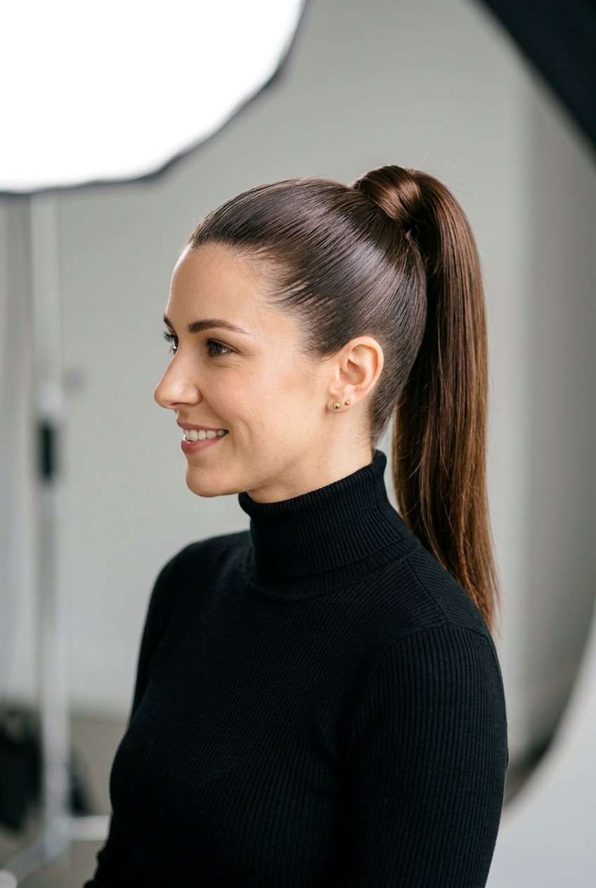 Sleek High Ponytail - 20 easy hairstyles for busy moms with medium hair - 20 easy hairstyles for busy moms with medium hair