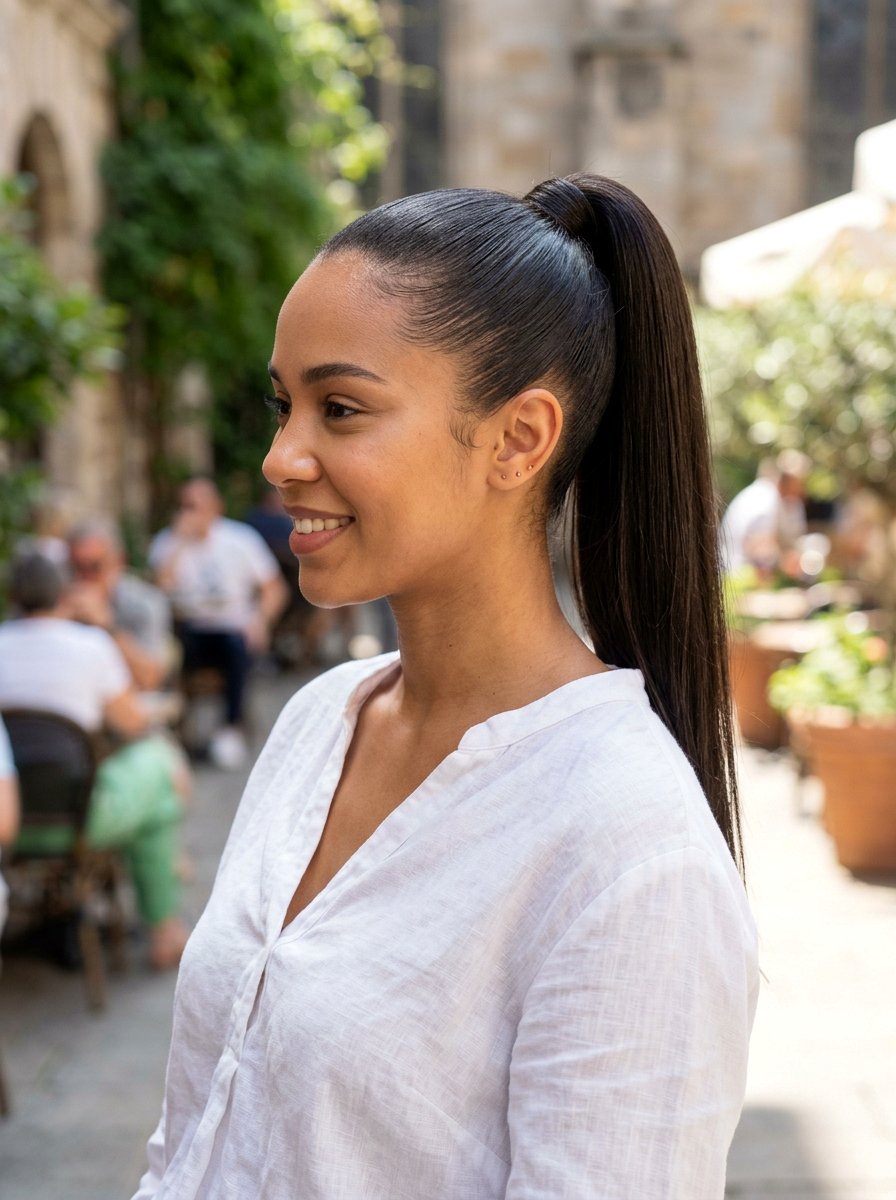 Sleek High Ponytail - 20 vacation hairstyle for humid weather - 20 vacation hairstyle for humid weather