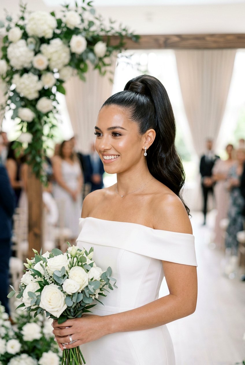 Sleek High Ponytail Wedding Hairstyle - 20 bridal hairstyle for sleek modern wedding - 20 bridal hairstyle for sleek modern wedding