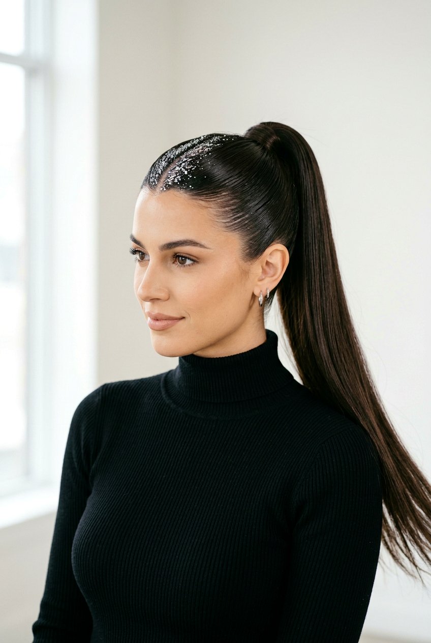 Sleek High Ponytail With Glitter Part - 20 rave hairstyles for women - 20 rave hairstyles for women