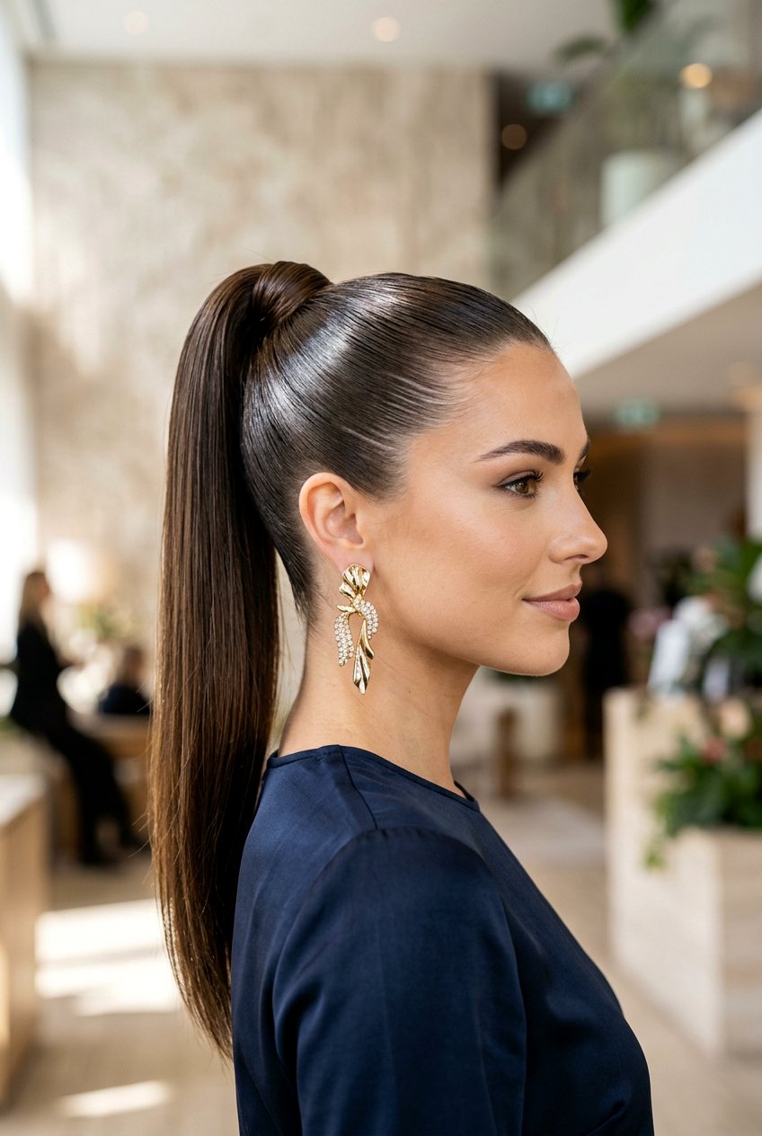 Sleek High Ponytail With Gloss Finish - 20 engagement party hairstyles - 20 engagement party hairstyles